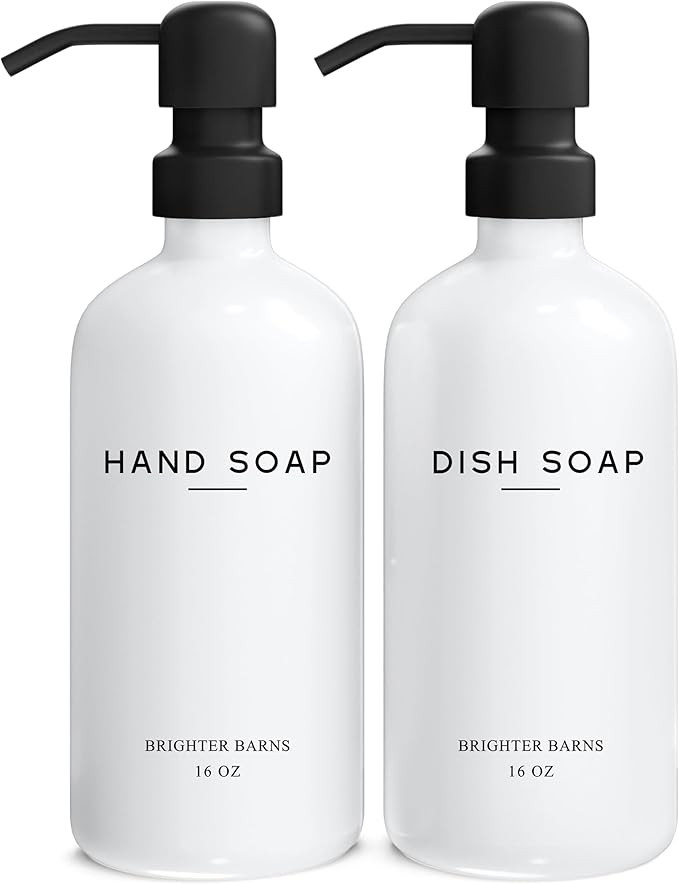 White Glass Hand and Dish Soap Dispenser Set by Brighter Barns - Kitchen Soap Dispenser & Stainle... | Amazon (US)