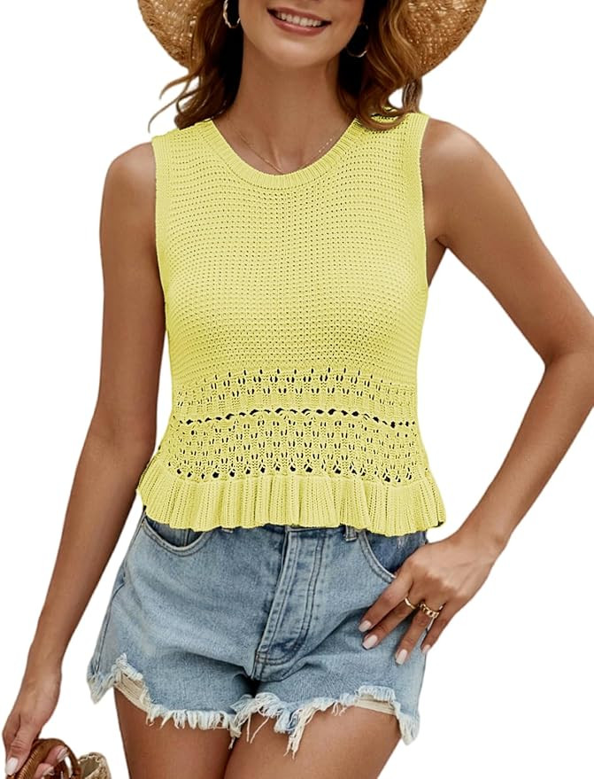 VIMPUNEC Womens Summer Crop Tank Tops Cute Knit Sweater Vest Crochet Sleeveless Pullover Top | Amazon (US)
