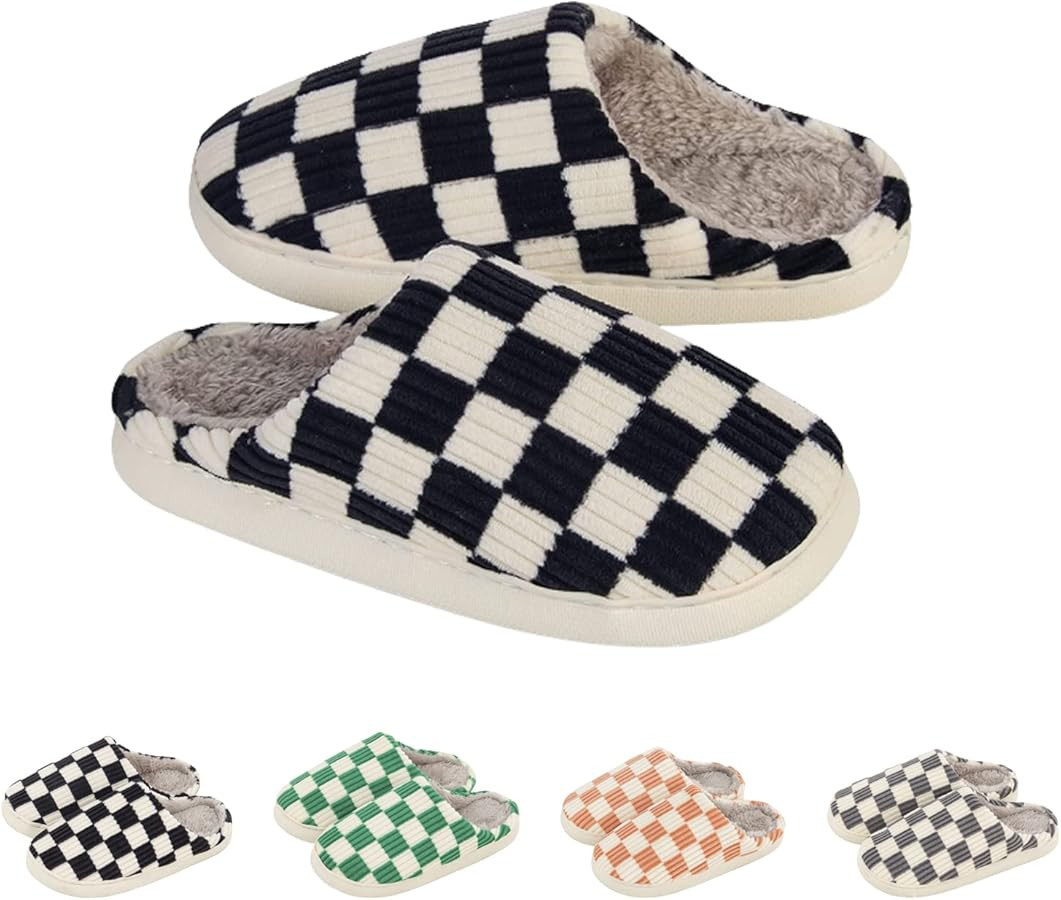 House Slippers for Women Men, Mens Slippers on Fuzzy House Slippers Memory Foam Checkered Slipper... | Amazon (US)