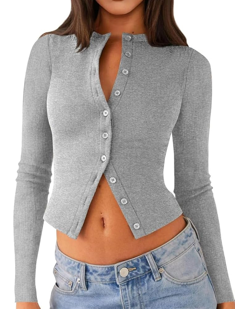 Womens Long Sleeve Tops Fall Lightweight Cardigan Cropped Going Out Shirts Ribbed Button Down Cut... | Amazon (US)