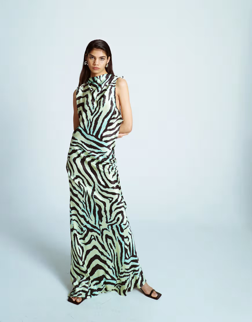 Topshop bias ruched arm hole maxi occasion dress in green zebra | ASOS (Global)
