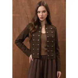 Open Front Crop Denim Napoleon Jacket in Brown for Street‑Style & Concert Outfits | Chicwish