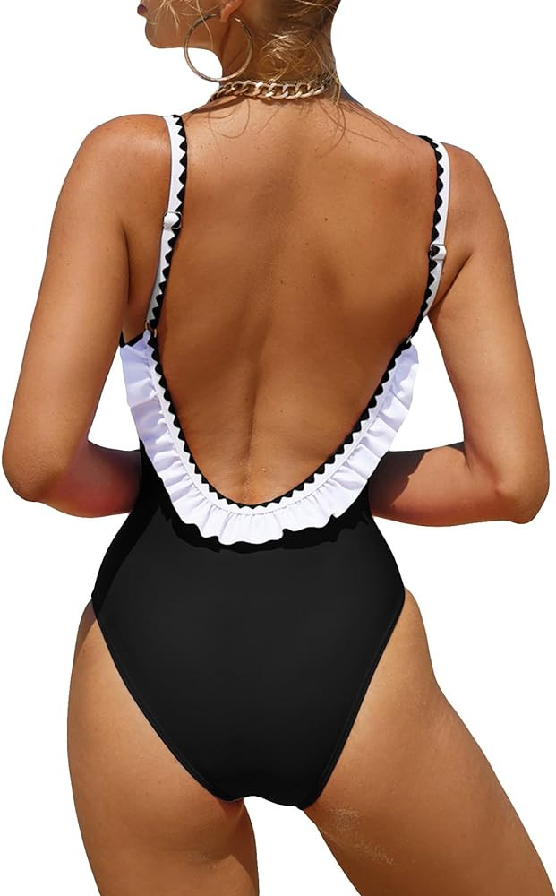 Verdusa Women's One Piece Swimsuit Cut Out Ruffled Open Back Spaghetti Strap Swimwear | Amazon (US)