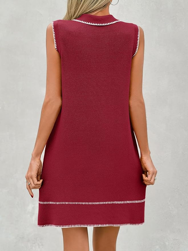 Wenrine Womens Sleeveless Mini Dress Casual Collared V Neck Contrast Stitch Loose Summer Knit Tan... | Amazon (US)