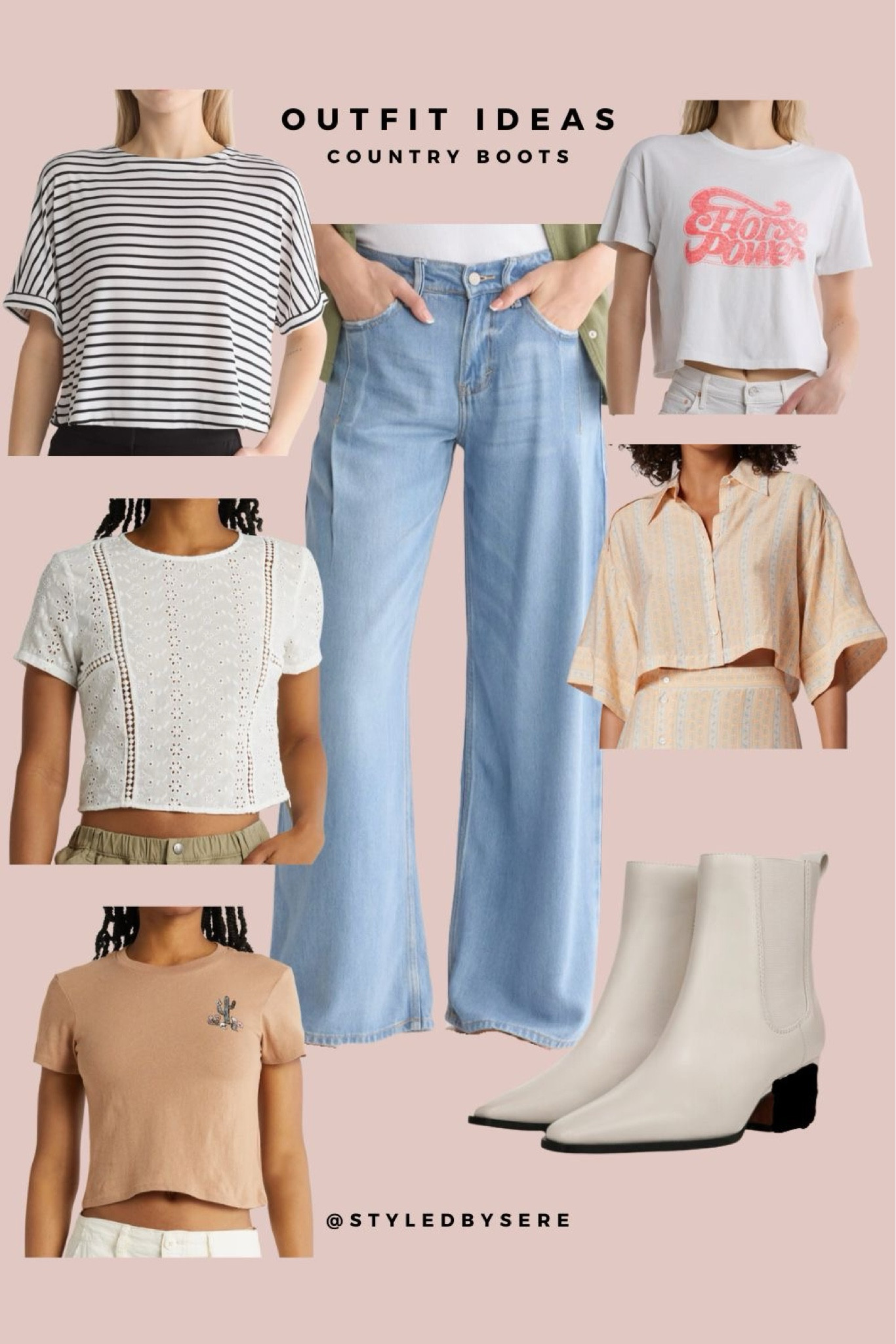 Country Boots: Relaxed Denim Style
.

Have fun mixing structure and ease in your style for a super cool girl look. The structure of your western bootie is pulled in the opposite direction with super relaxed, wide leg light wash jeans. Now, take the outfit multiple places by swapping the top. Dress it up with a cropped button blouse, take it to brunch with a dressy cropped tee / lace shirt. Or kick some dust up with a fitted graphic tee. No matter where, you're sure to turn heads and stand out in the best of ways!

#LTKStyleTip #LTKxNSale #LTKShoeCrush