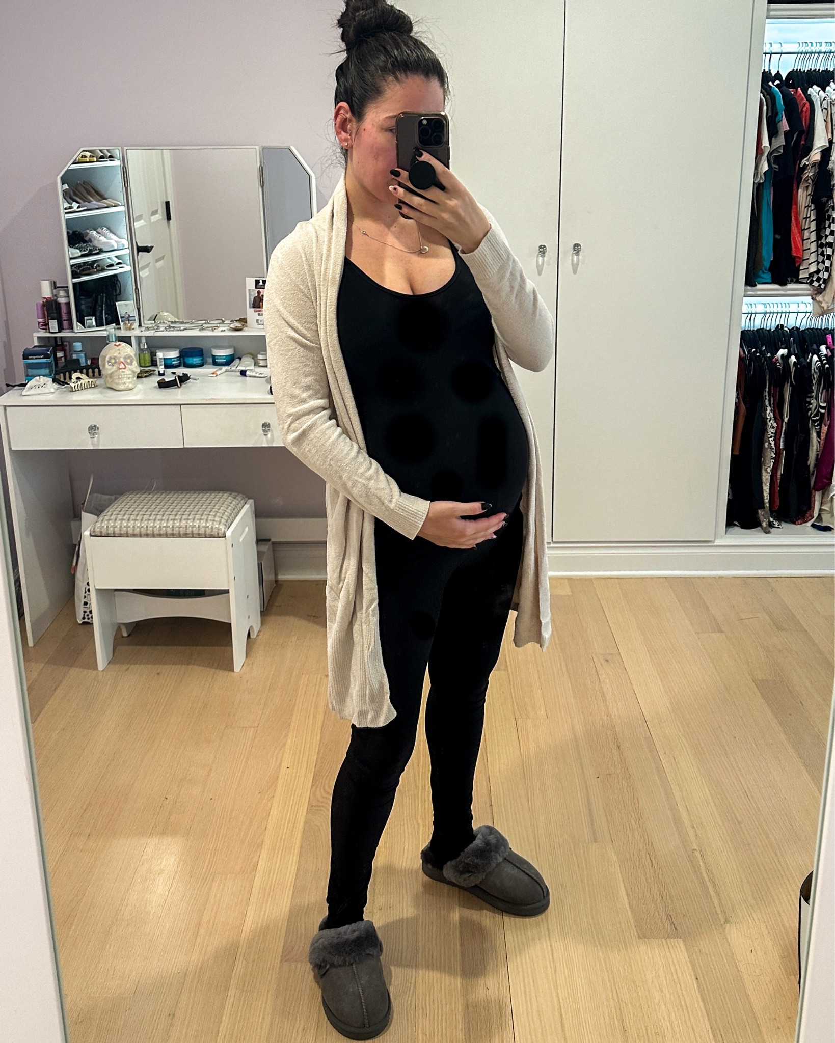 A cozy fall or winter maternity outfit. This is comfortable for wearing around the house but also cute enough to go out and run errands in. The slipper shoes are on sale under $50 and just as comfortable as the more expensive Uggs. The barefoot dreams cardigan is also on sale under $100. Any of these items would make awesome gifts for the cozy lover in your life! 

#LTKbump #LTKfindsunder100 #LTKGiftGuide