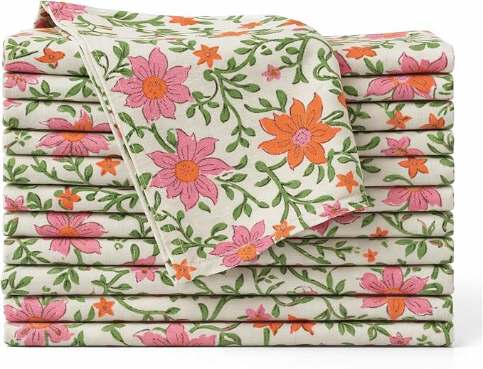 Floral Cloth Napkins Set of 12, 100% Cotton Reusable Dinner Napkins, Block Print Inspired, 18 x 1... | Amazon (US)