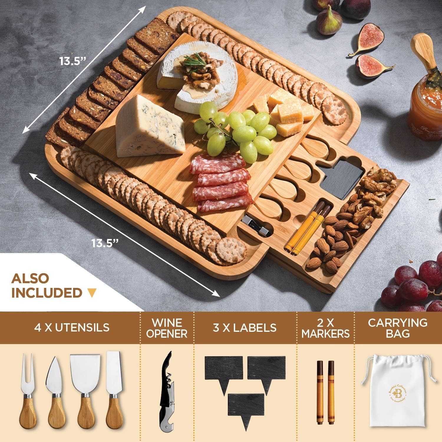 Charcuterie Board - Bamboo Cheese Board and Charcuterie Gift Set with Knife for Entertaining - Br... | Amazon (US)