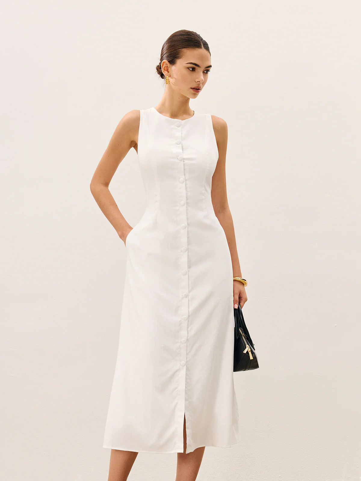 Cotton & Linen Button-Front Sleeveless Dress Without Belt | Commense