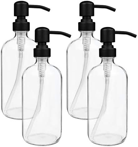 Suwimut 4 Pack Glass Soap Dispenser, 16 Ounce Clear Boston Round Bottles Refillable Hand Soap Dispen | Amazon (US)