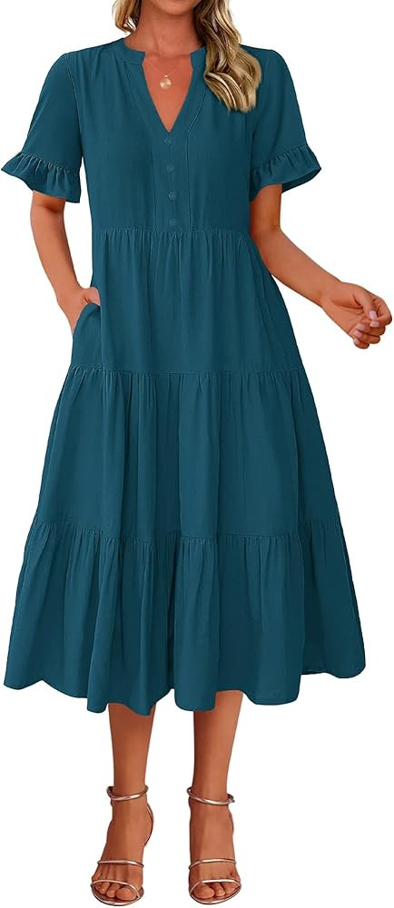 BTFBM Summer Dresses for Women 2025 Vacation V Neck Loose Short Sleeve A Line Tiered Flowy Casual... | Amazon (US)