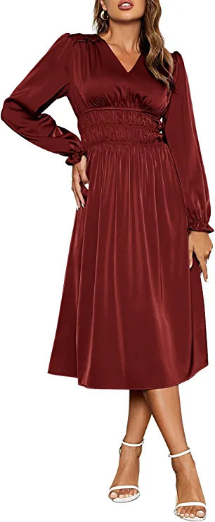 YOESEE Womens Satin Dress with Sleeves V Neck High Waist A Line Long Sleeve Flowing Midi Dress | Amazon (US)