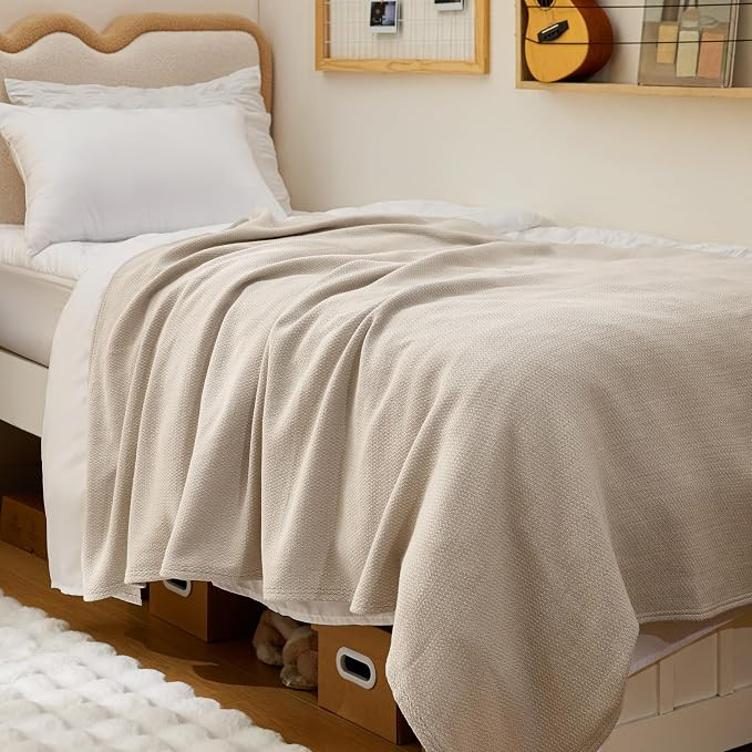 Bedsure 100% Cotton Blanket, Herringbone Weave, Twin-XL, Linen Beige | Amazon (US)