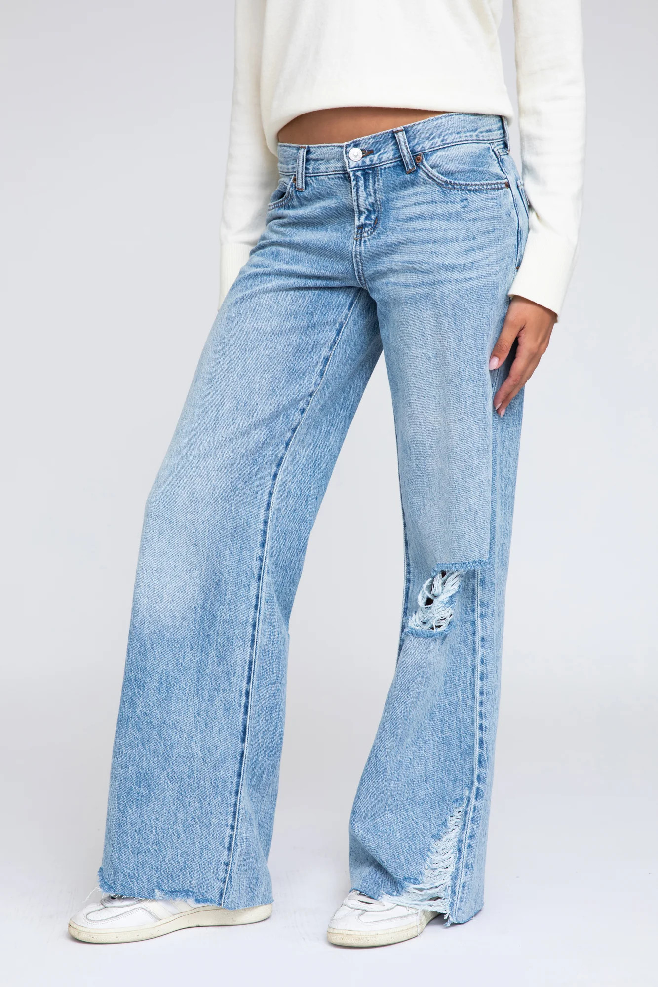 Ashley Classic Rise Distressed Baggy Jeans - Light Medium Indigo | ReWash
