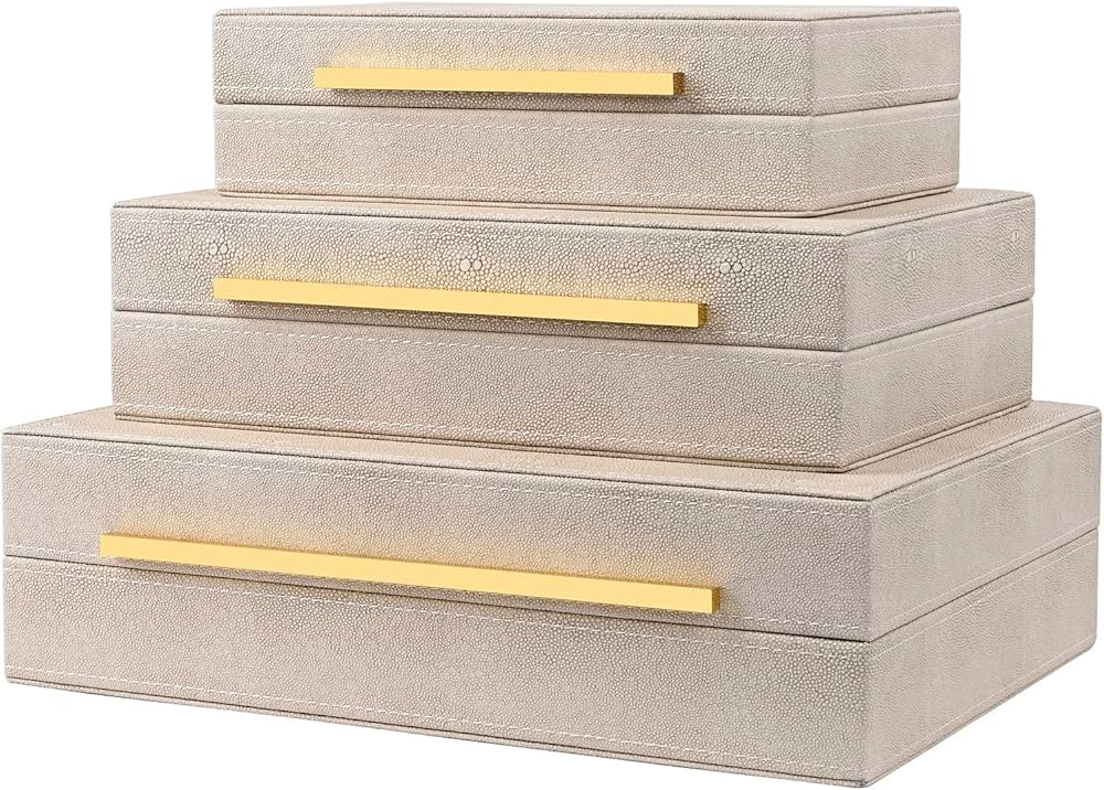 Ivory Shagreen Box Set Of 3 Faux Leather Decorative Boxes, Large Modern Nesting Storage Decorativ... | Amazon (US)