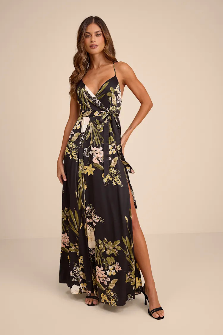 Still the One Black Floral Print Satin Maxi Dress | Lulus