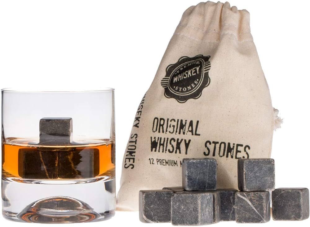 Premium Whisky Stones Gift Set with 12 Pcs Stones and Bag. Whiskey, Bourbon, Cognac, Scotch,Gin, ... | Amazon (UK)