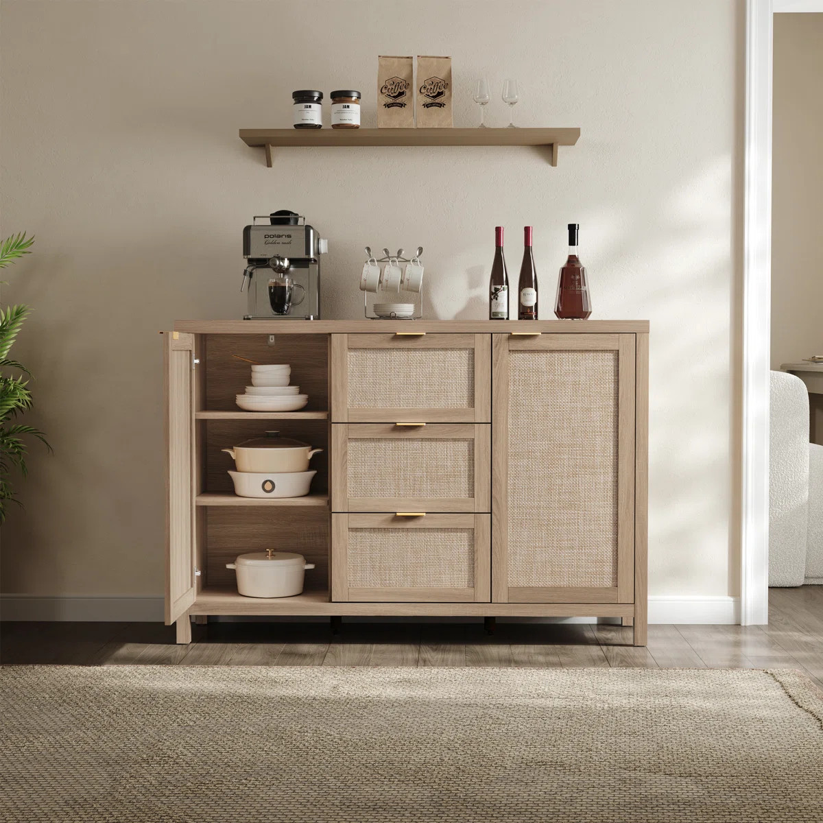 51.57'' W 3-Drawer And 2-Door Rattan Sideboard With Adjustable Shelves | Wayfair North America