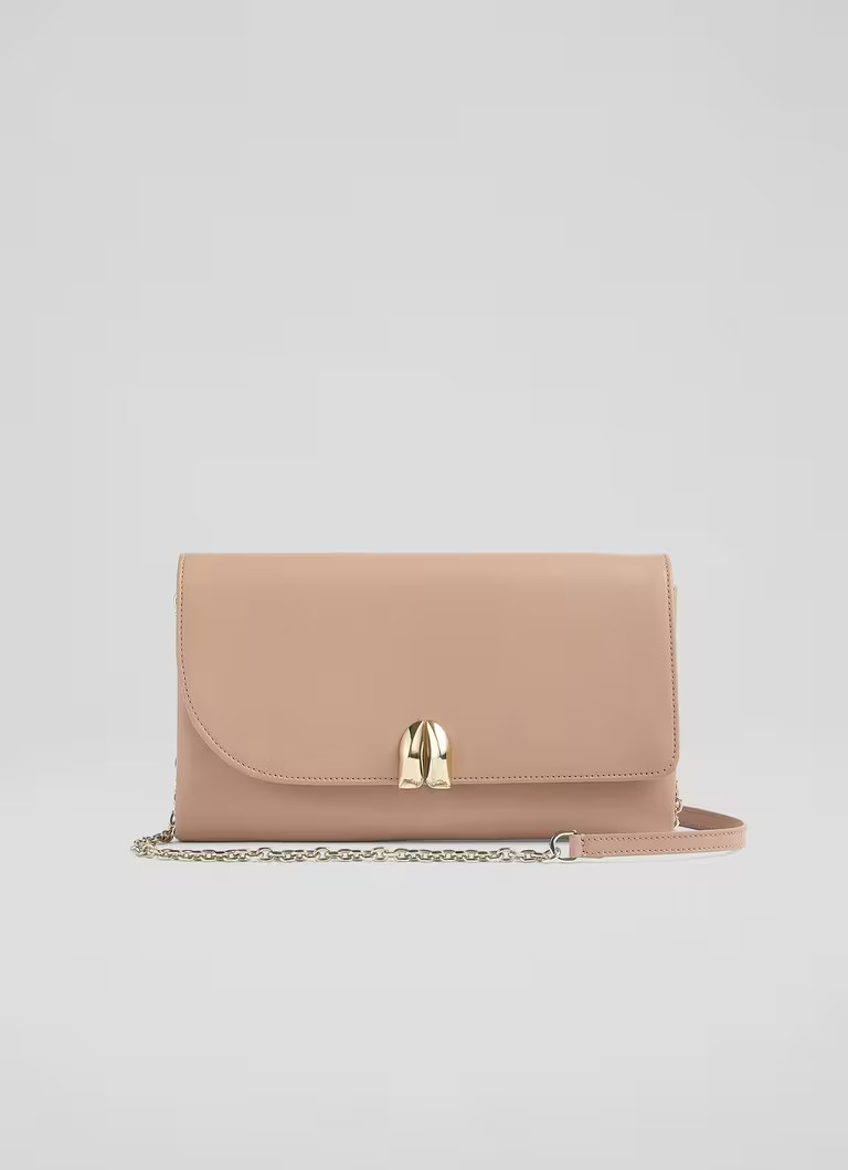 Aria Neutral Nappa Leather Curve Flap Wide Clutch Bag | L.K. Bennett (UK)