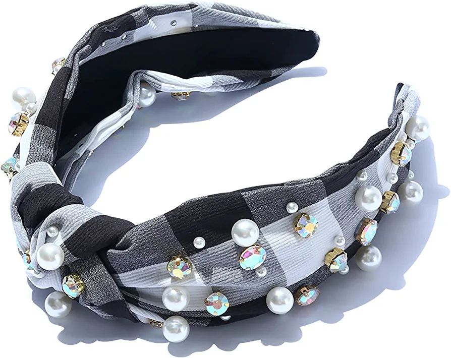 Beaded Knotted Women Headband Checkered Plaid Luxury Jeweled Embellished Top Hairband Fashion Ele... | Amazon (US)