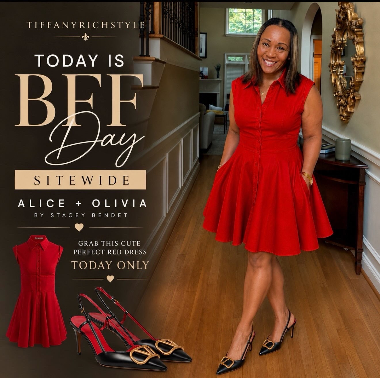 BFF Day just got better - Sitewide savings at Alice + Olivia and this red dress is the one to grab.  Grab your favorite styles before they’re gone!

Shoes : Amazon
Dress : @Alice + Olivia 

#TiffanyRichStyle #AliceAndOlivia #BFFDay #LuxuryForLess #styleinspiration