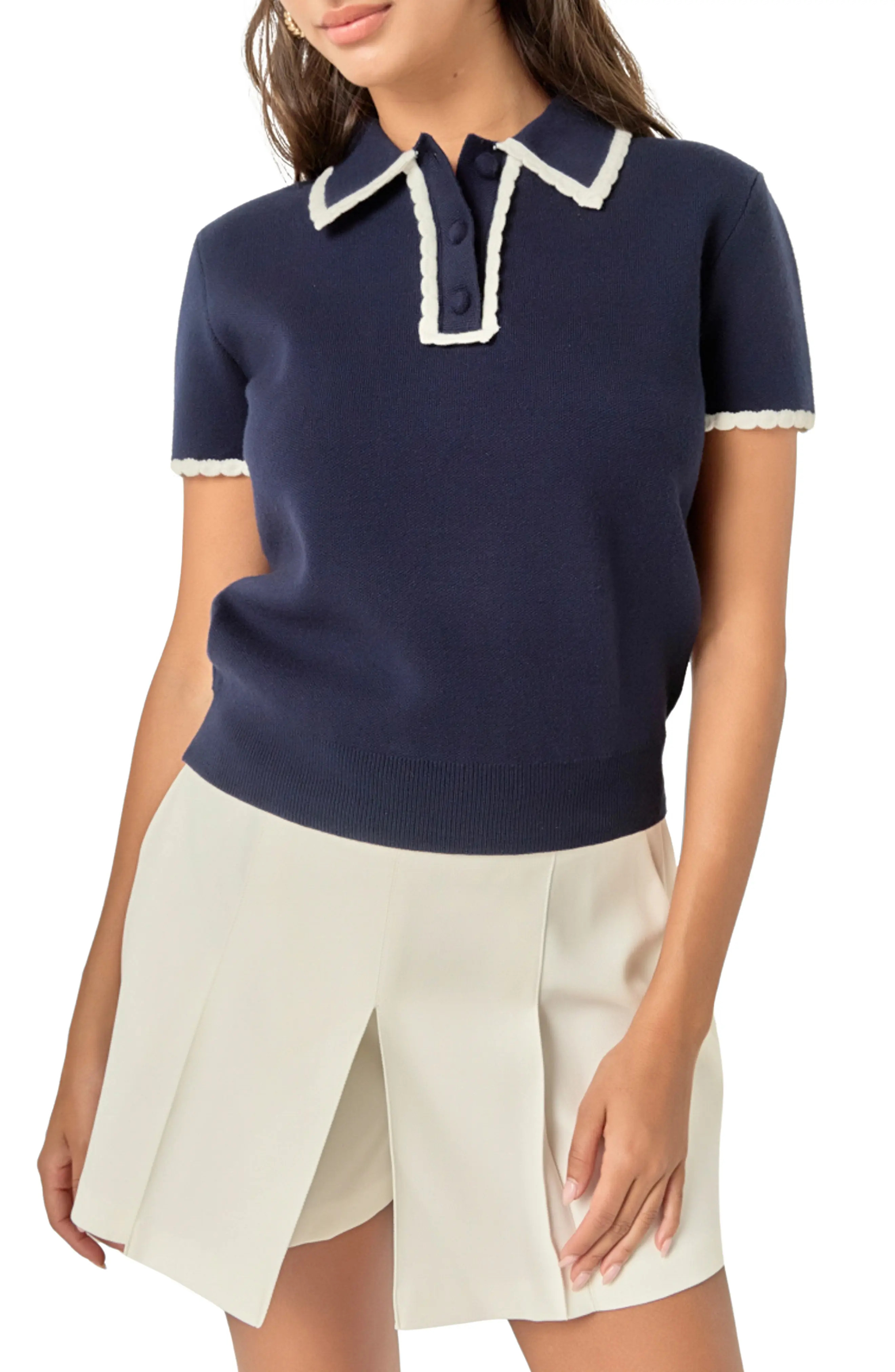 English Factory Scalloped Trim Sweater Polo in Navy/white at Nordstrom, Size Medium | Nordstrom
