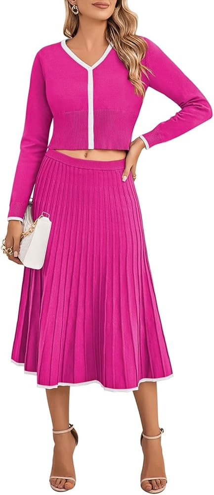 Pink Queen Womens Casual Two Piece Skirt Sets Ribbed Knit Long Sleeve Crop Top Pleated Skirts Mat... | Amazon (US)