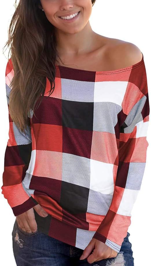deqiang Women's Off Shoulder Tops Long Sleeve Casual Loose Blouse Plaid Tee Shirt | Amazon (US)