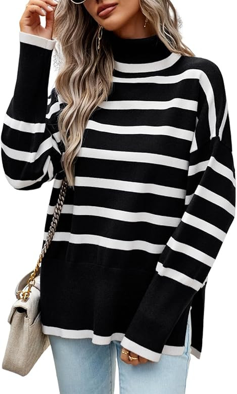 Mincib Women's 2023 Fall Winter Turtleneck Striped Sweater Casual Loose Long Sleeve Side Split Ribbe | Amazon (US)
