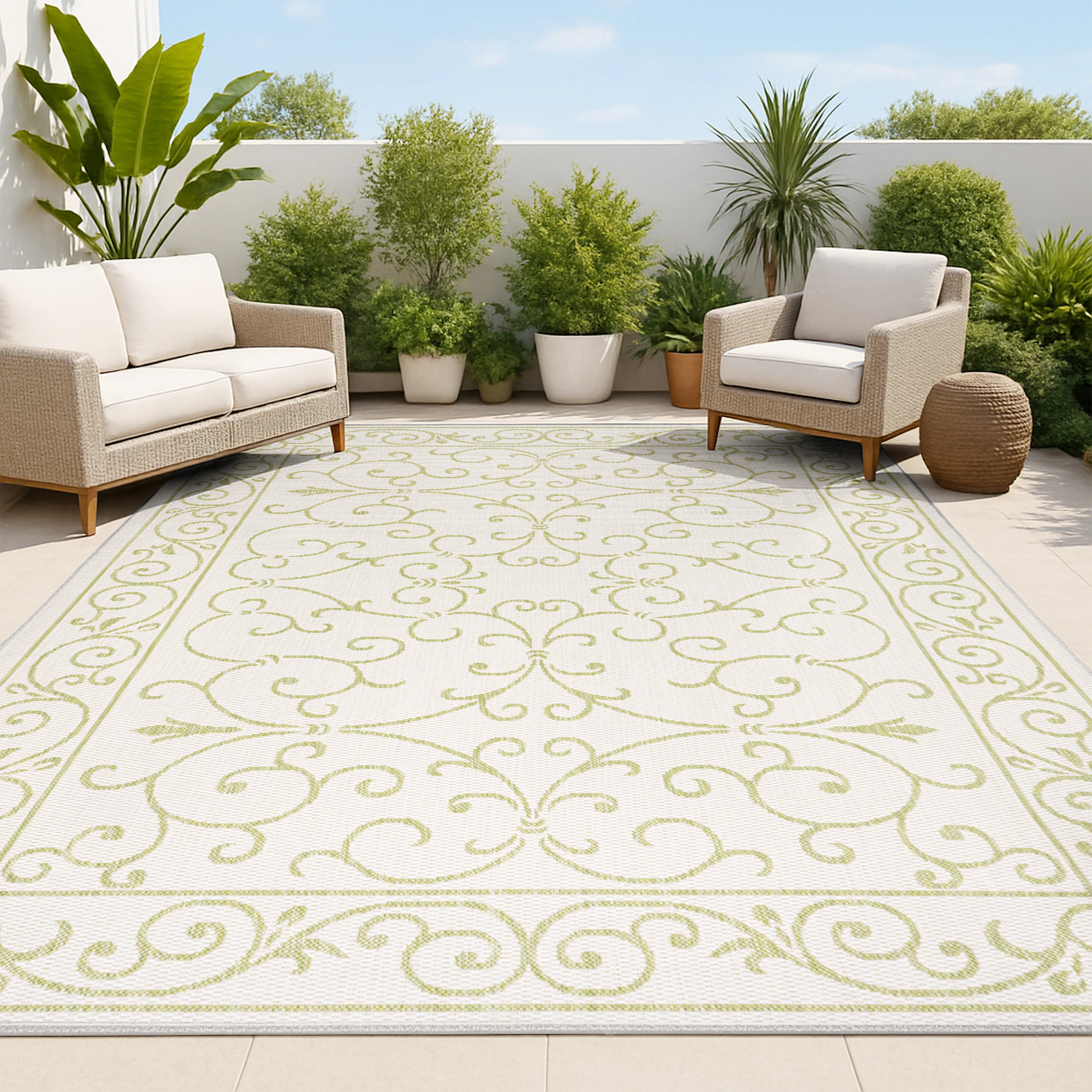 JONATHAN Y SANTA MONICA Charleston Vintage Filigree Textured Weave 9 x 12 (ft) Loomed Polypropylene Cream/Green Rectangular Indoor/Outdoor Medallion | Lowe's