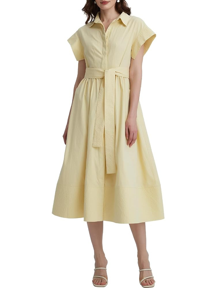 Womens Summer Shirt Dress Short Wing Sleeve Button Down Midi Shirts Dresses with Belt | Amazon (US)