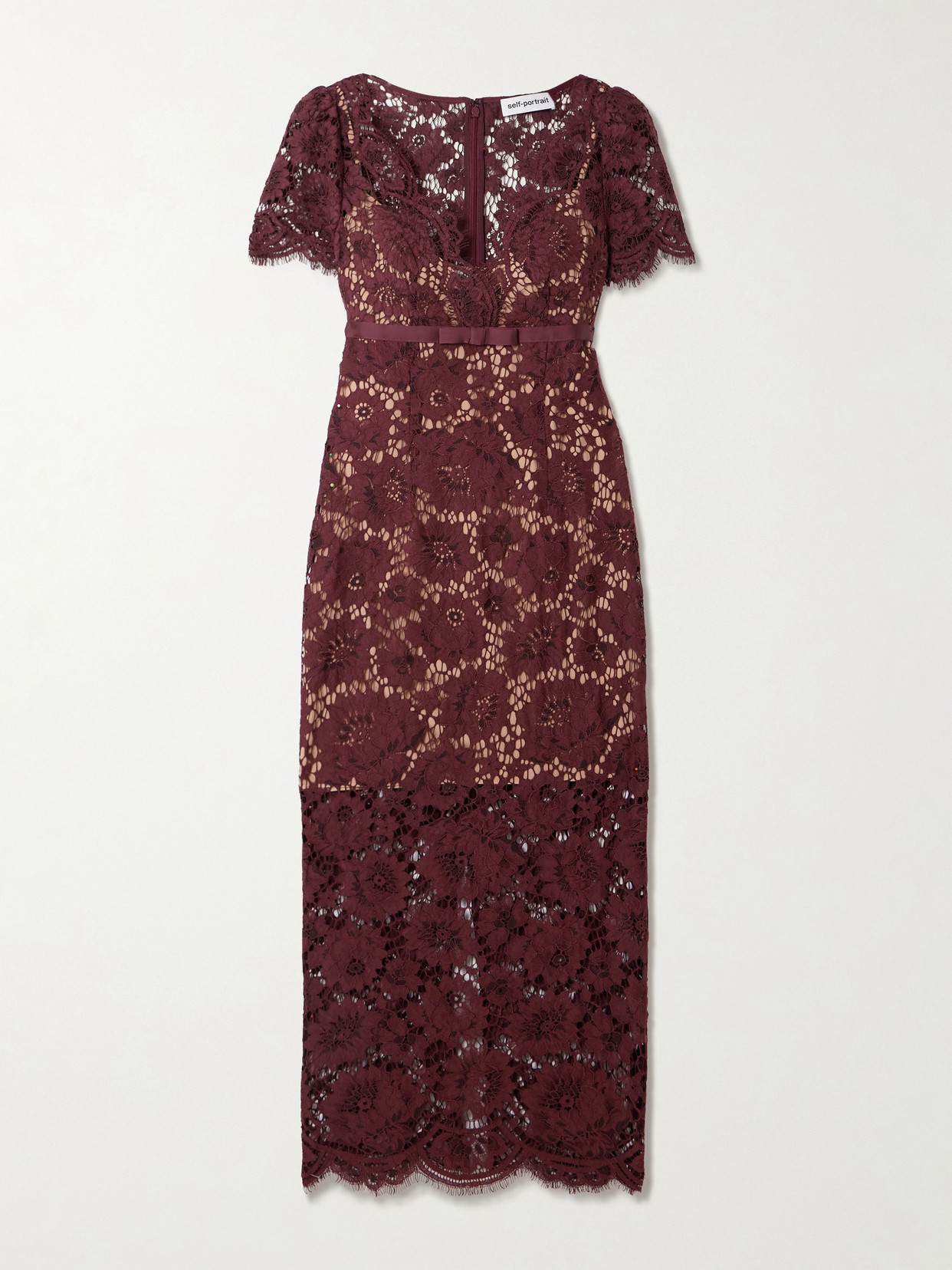 Self-Portrait - Bow-detailed Floral Lace Midi Dress - Burgundy | NET-A-PORTER (US)
