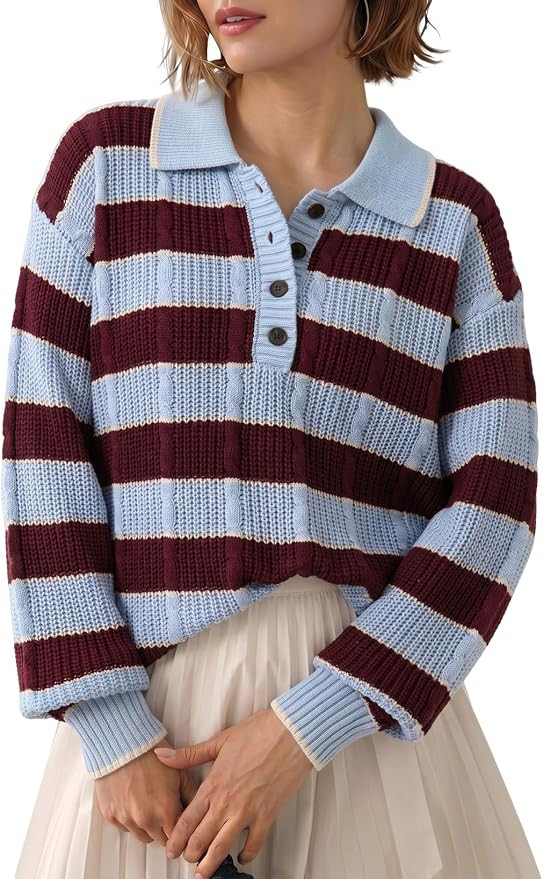 Dokotoo Sweaters for Women Button Polo Lapel Collar Cable Knit Sweater Tops | Amazon (US)