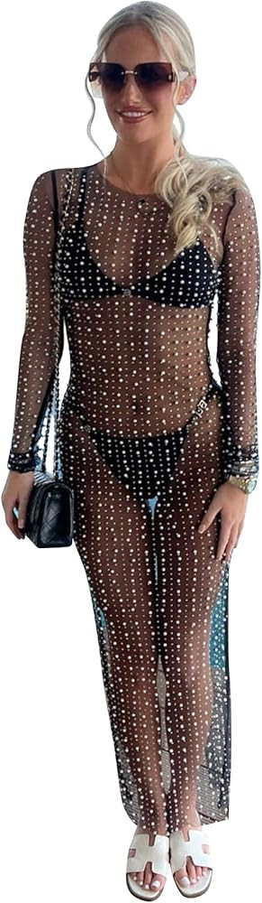 Women Sexy Pearl See Through Long Sleeve Crop Tops Mesh Sheer Rhinestone Blouse Shirts Party Club... | Amazon (US)