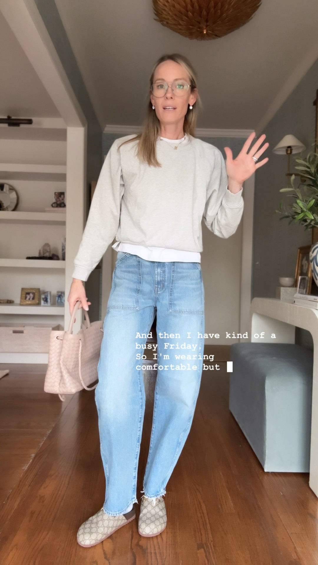 Size 26 jeans , size small sweatshirt and tee. Loving these Gucci slides! 