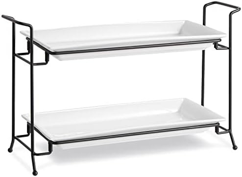 ONEMORE 2-Tier Large Serving Tray - Collapsible Food Display Stand with Rectangular Ceramic Platt... | Amazon (US)