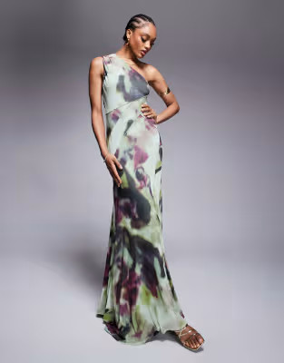 ASOS DESIGN Tall mesh one shoulder exposed seams maxi dress with full hem in abstract tie dye pri... | ASOS (Global)