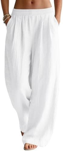 LOMON Linen Pants Women Wide Leg Palazzo Summer Flowy Pants Beach Vacation Clothes Elastic Waist ... | Amazon (US)