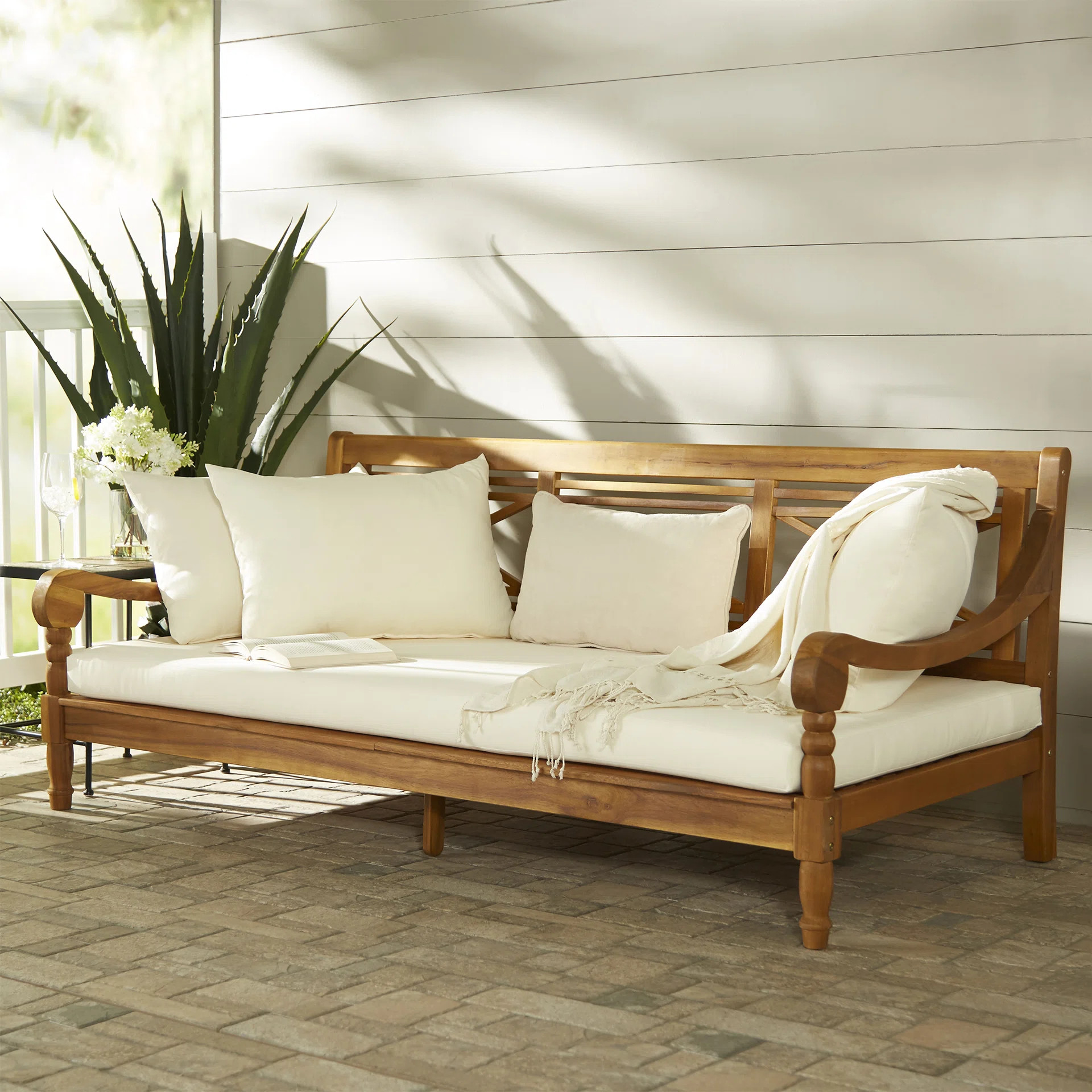 71.7'' Wide Straight Acacia Patio Daybed with Cushions | Wayfair North America