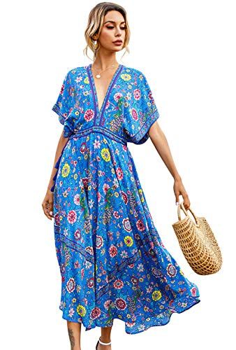 R.Vivimos Women Summer Print Deep V Neck Cotton Beach Long Dresses | Amazon (US)