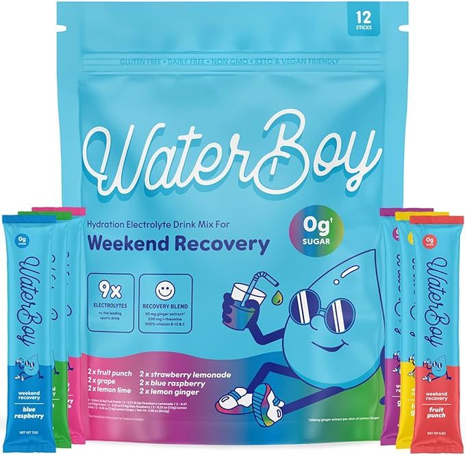 Waterboy Weekend Recovery Sample Pack | 3,200mg Electrolyte Powder Packets | Ginger + L-Theanine ... | Amazon (US)