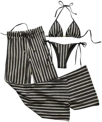 Verdusa Women's 3 Piece Cheeky Striped Crochet Bikini Set Halter Tie Side Swimsuits with Cover Up... | Amazon (US)