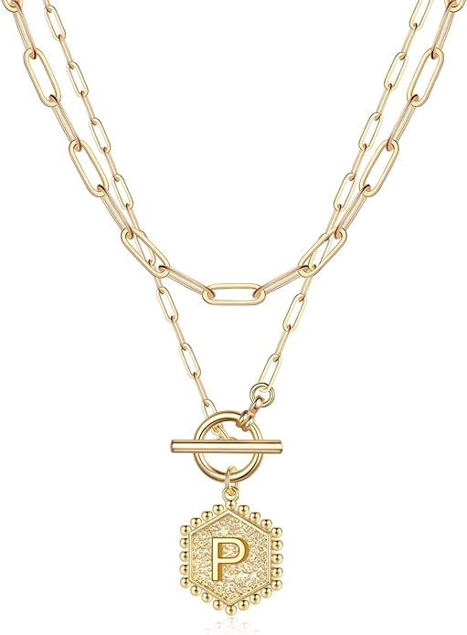 Layered Gold Initial Necklaces for Women, 14K Gold Plated Paperclip Link Chain Necklace Hexagon L... | Amazon (US)