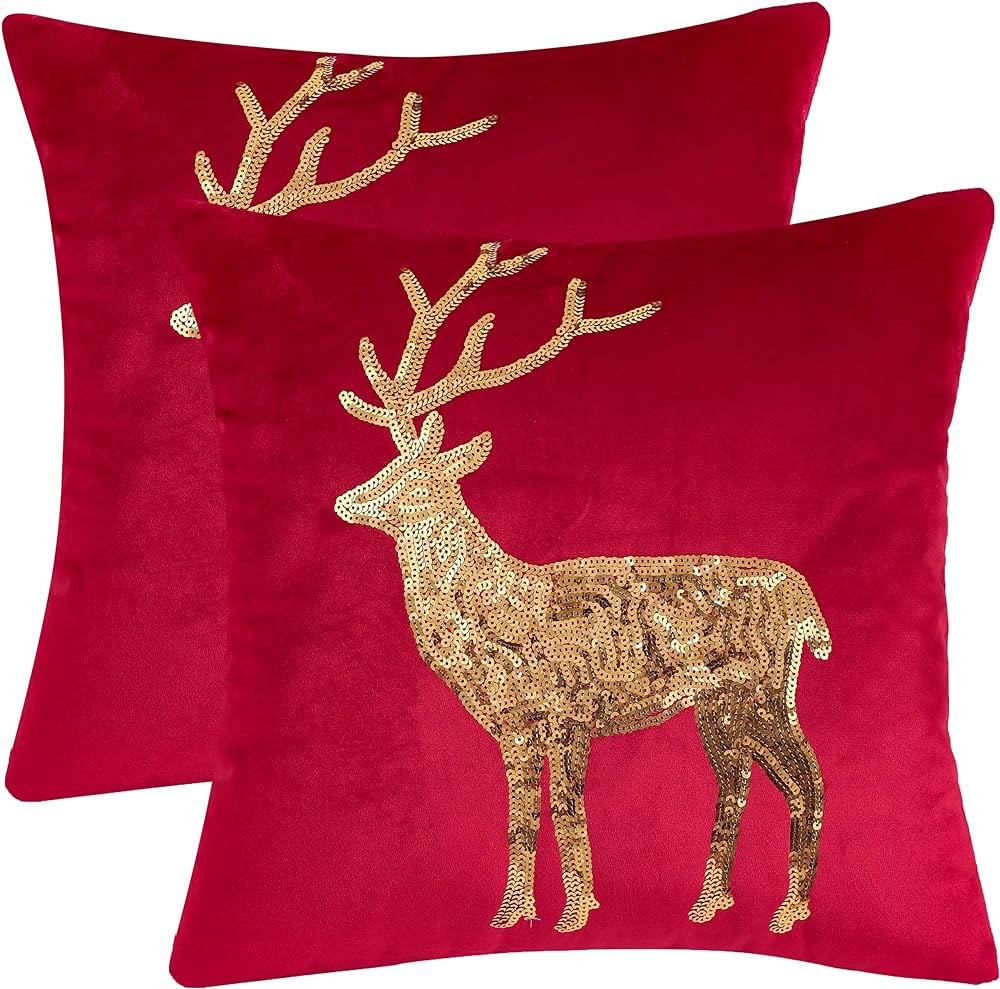 Tosleo Christmas Pillowcases 18 x 18 inch Set of 2 Red Christmas Deer Sequins Throw Pillow Cover ... | Amazon (US)