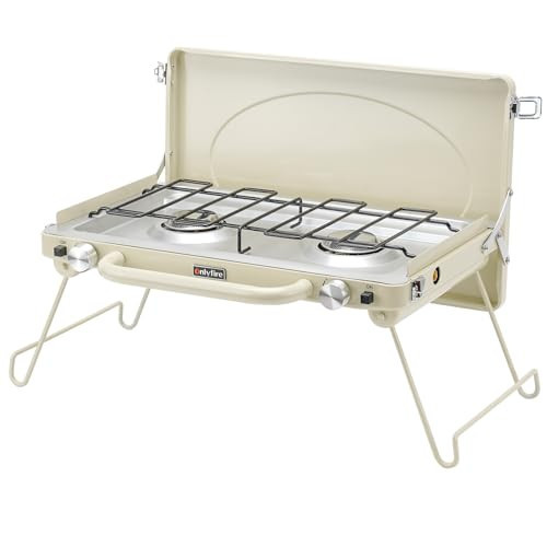 ONLYFIRE Portable Camping stove 2-Burner, Propane Camping Stove with Foldable Legs, Camping Grill Stove with Adjustable Burners, Heavy-Duty Latch & Handle for Camping, Tailgating, RV, BBQ, Off-white | Amazon (US)