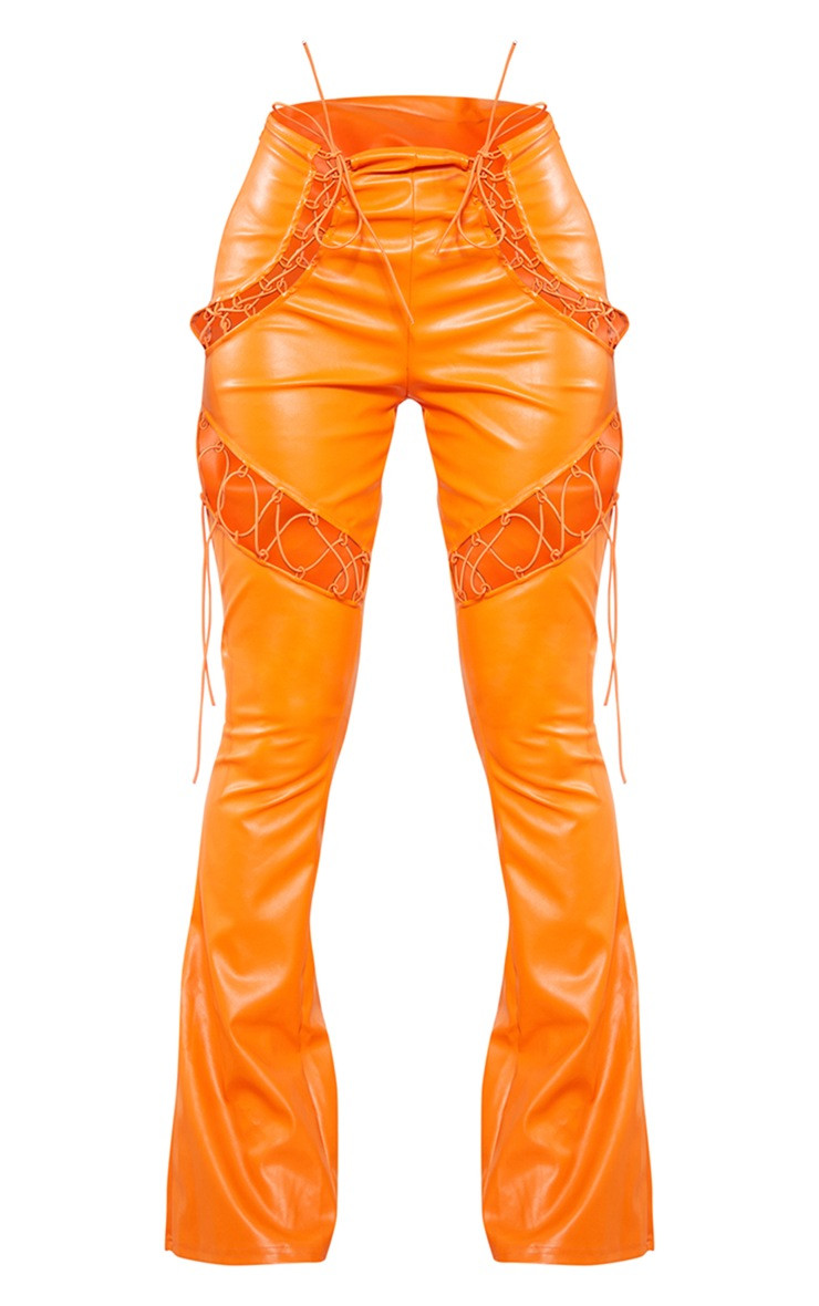 Bright Orange Lace Up Faux Leather Cut Out Detail Flared Pants | PrettyLittleThing CAN