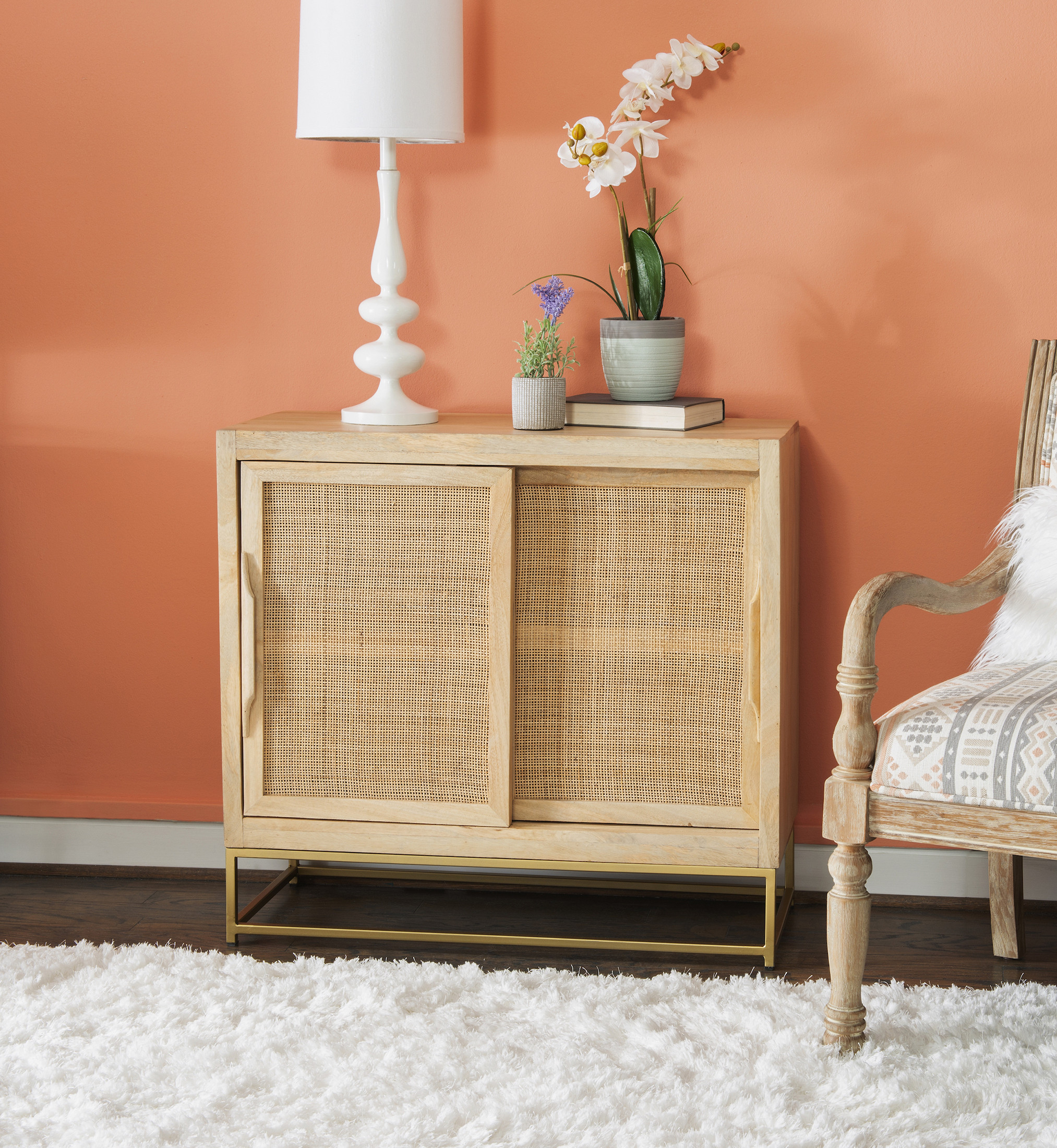 Powell Blair 2-Sliding Door Rattan Cabinet with Shelves, Gold Legs with Natural Finish | Walmart (US)