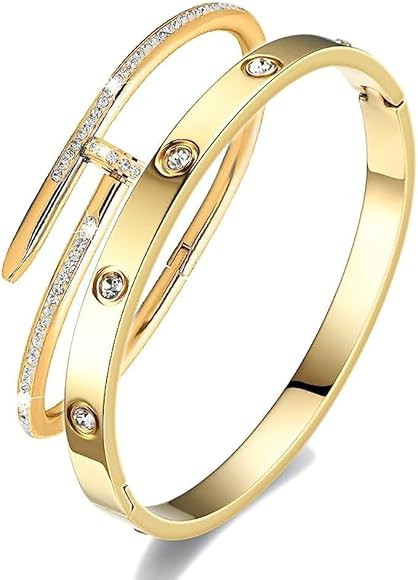 Wqzlyg Women Nail Bracelet with Cubic Zirconia 18K Yellow Gold Plated Love Bracelets Cuff Nail Ba... | Amazon (US)