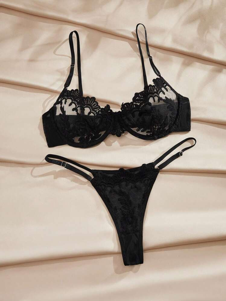 Charlaine Set Lingerie Con Ricamo In Maglia Trasparente Con Ferretto | SHEIN