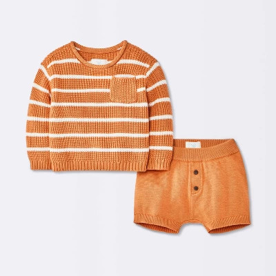 Baby Boys' Striped Pocket Sweater and Shorts Set - Cloud Island™ Orange Newborn | Target